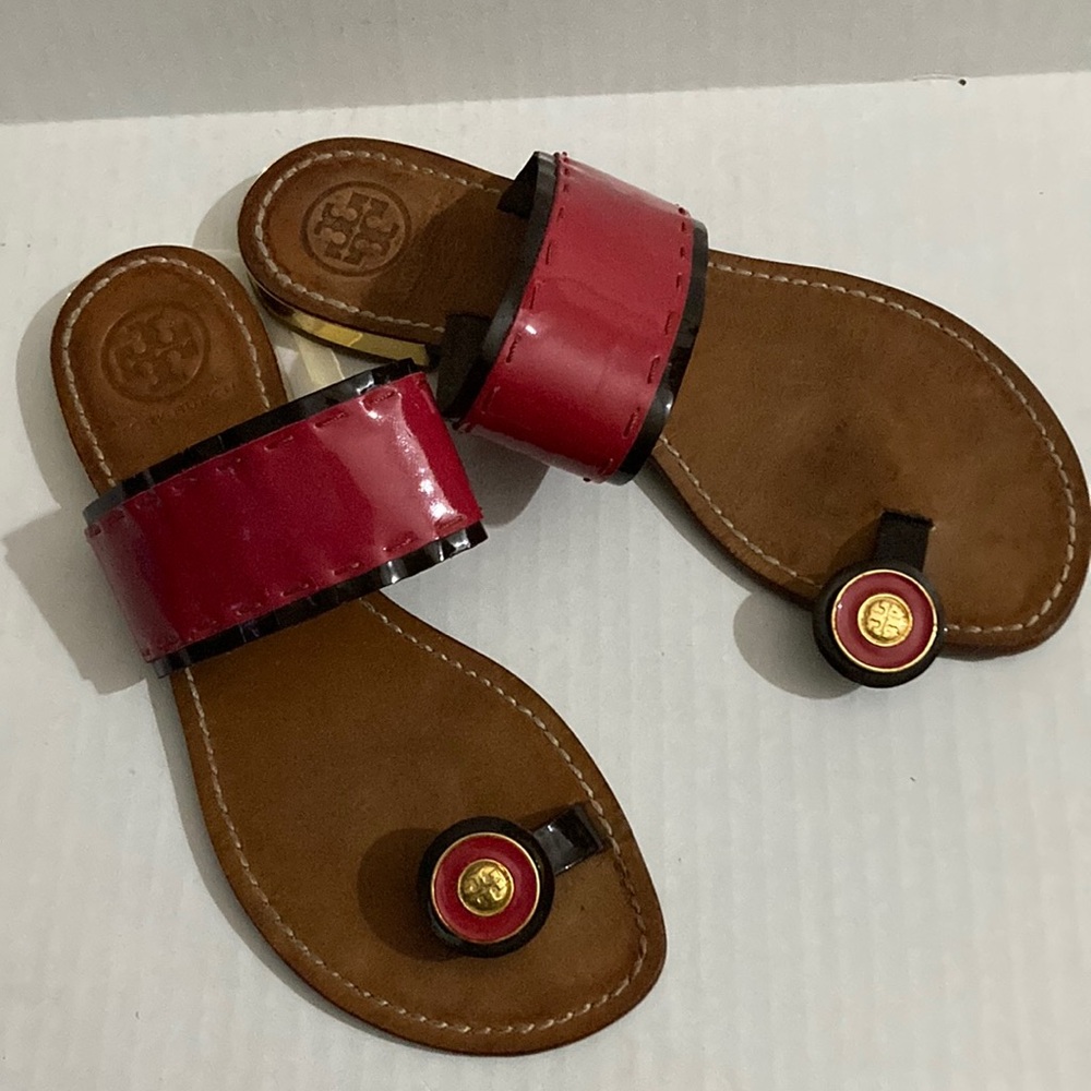 Tory Burch Elsa red patent strap leather flat sandals.